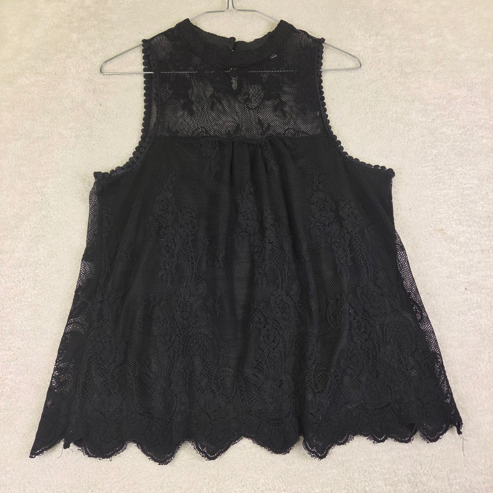 Lily White Black Floral Lace Sleeveless High Neck Top Scalloped Hem Large